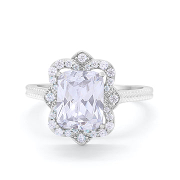 Halo Emerald Cut Engagement Ring Simulated Cubic Zirconia 925 Sterling Silver